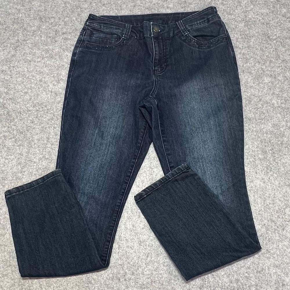 Christopher & Banks Dark Wash Rhinestone Embellished Straight Jeans Women Size 8